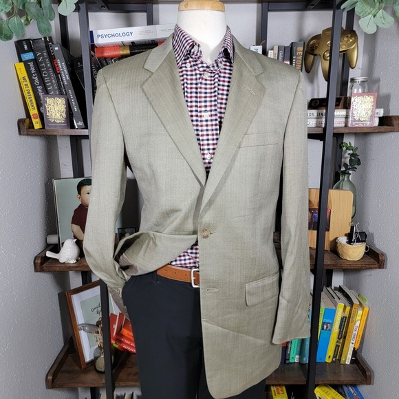 Club Room Men's Sport Coat Beige Herringbone‎ Plaid Silk Wool Cashmere Size 40L